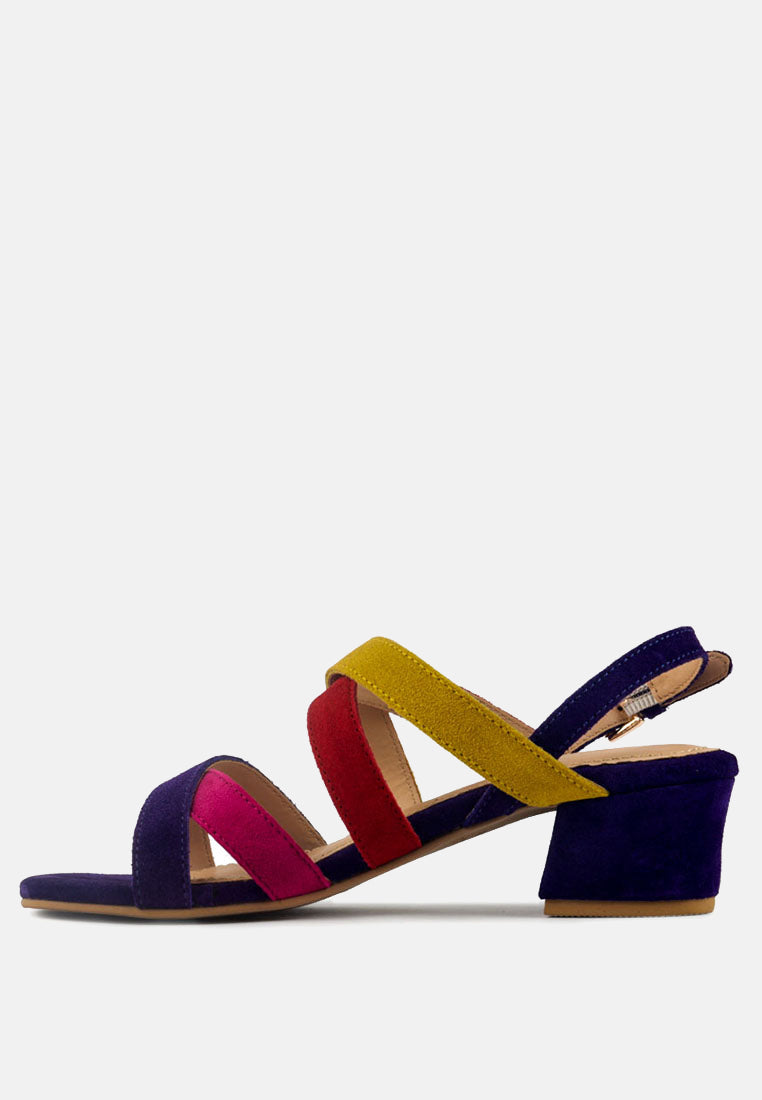 ASTRID Blue Mid Heeled Block Leather Sandal-Multi