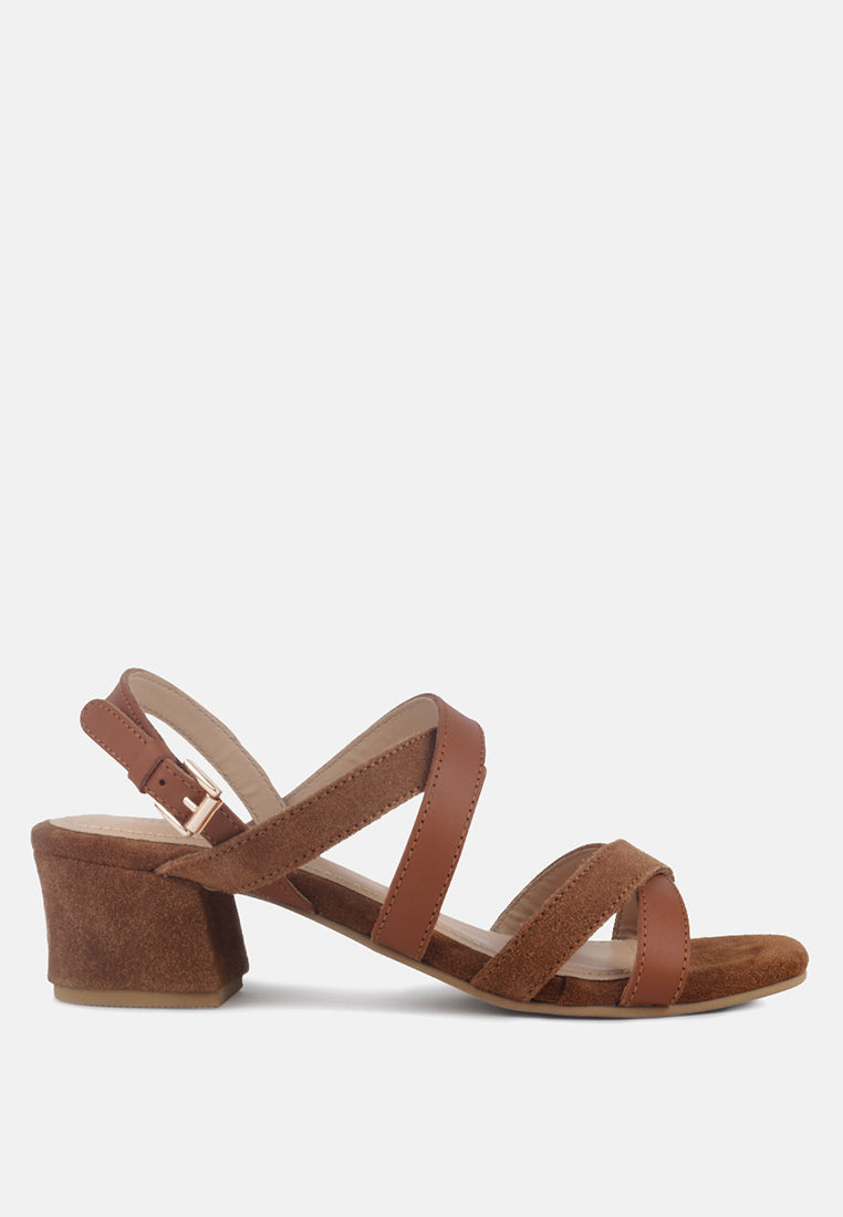ASTRID Tan Mid Heeled Block Leather Sandal-Tan