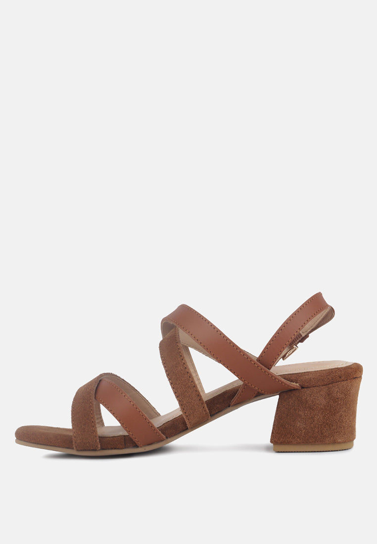 ASTRID Tan Mid Heeled Block Leather Sandal-Tan
