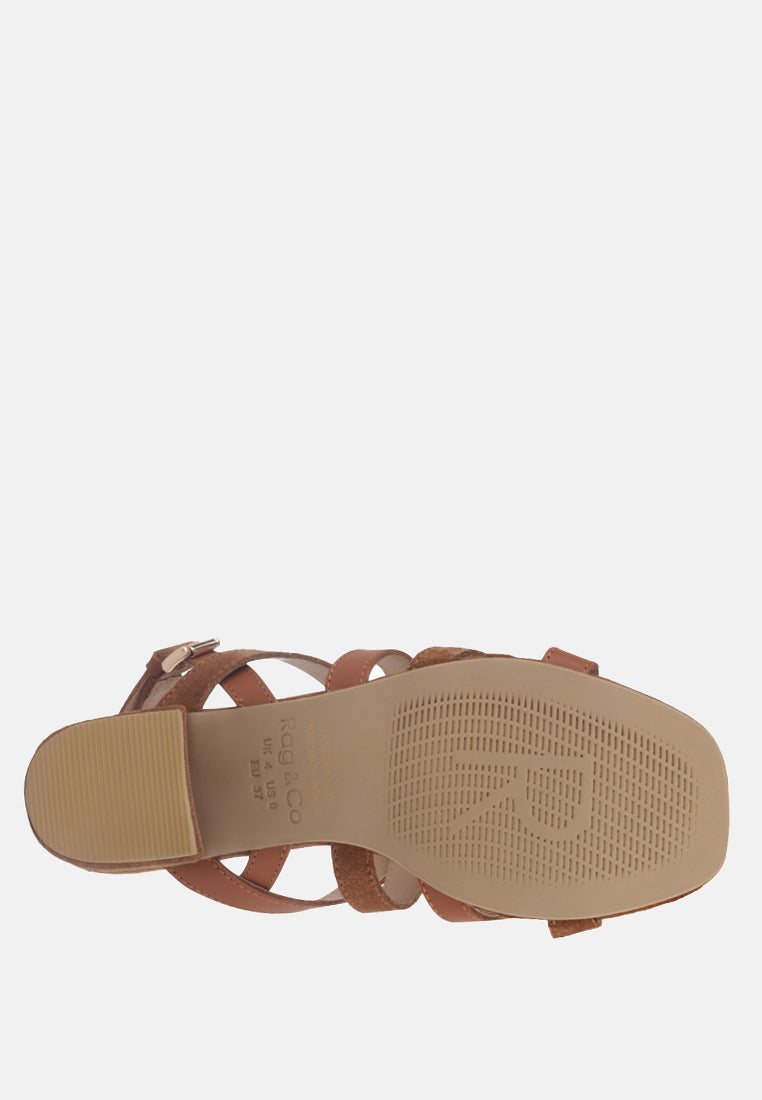 ASTRID Tan Mid Heeled Block Leather Sandal-Tan