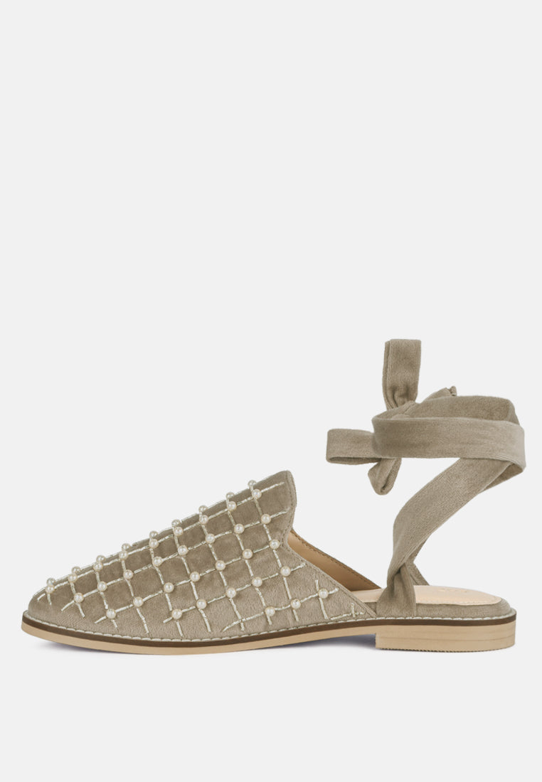Asante Crisscross Beaded Veil Velvet Mules in Taupe-Taupe
