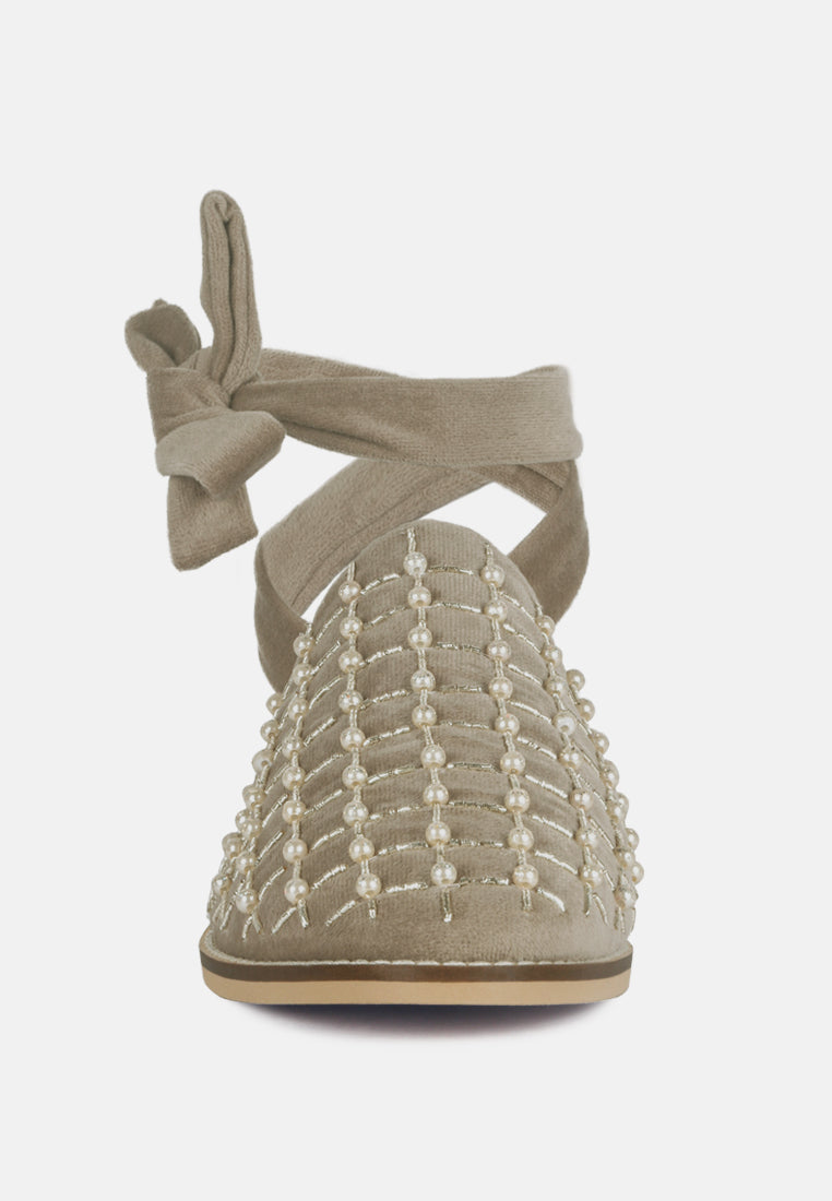 Asante Crisscross Beaded Veil Velvet Mules in Taupe-Taupe