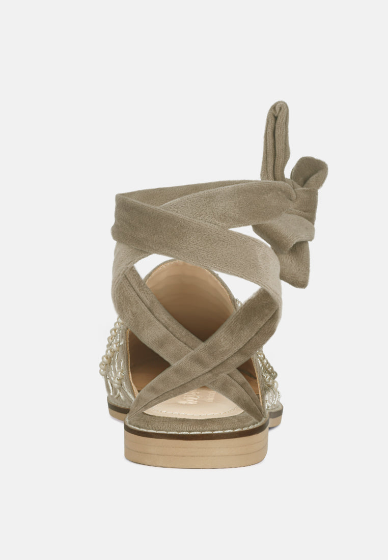 Asante Crisscross Beaded Veil Velvet Mules in Taupe-Taupe