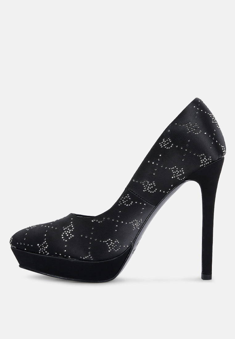 ballard black monogram satin stiletto pumps#color_black