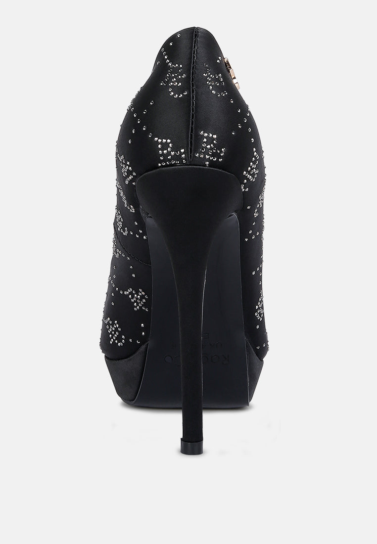 ballard black monogram satin stiletto pumps#color_black