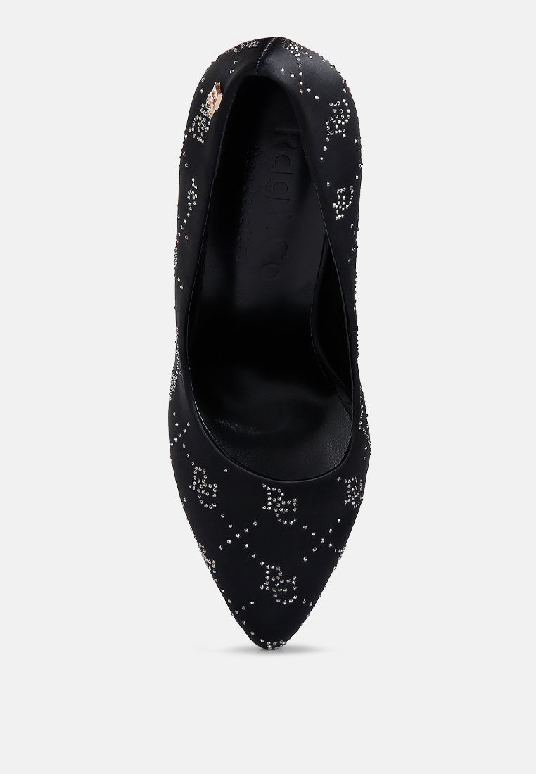 ballard black monogram satin stiletto pumps#color_black