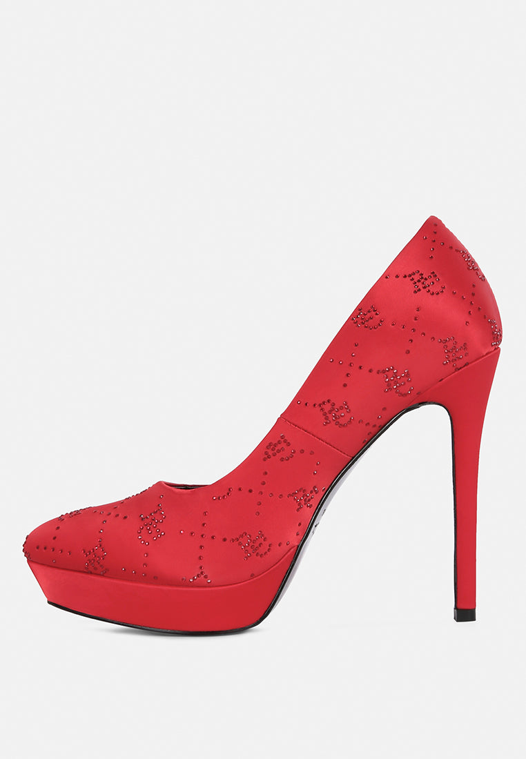 ballard red monogram satin stiletto pumps#color_red