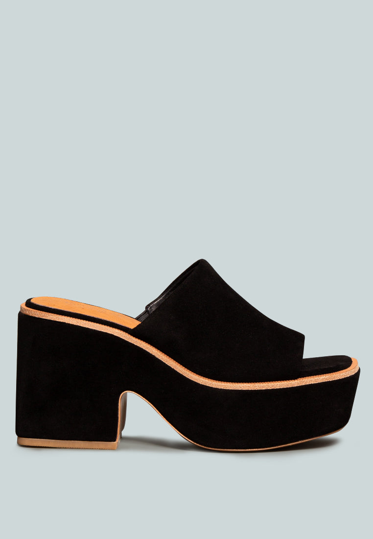 BARDOT Black Fine Suede Handcrafted Platform Slides_Black