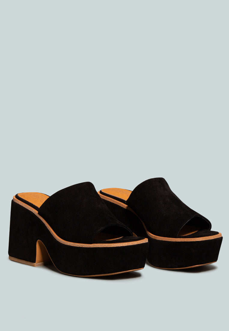 BARDOT Black Fine Suede Handcrafted Platform Slides_Black