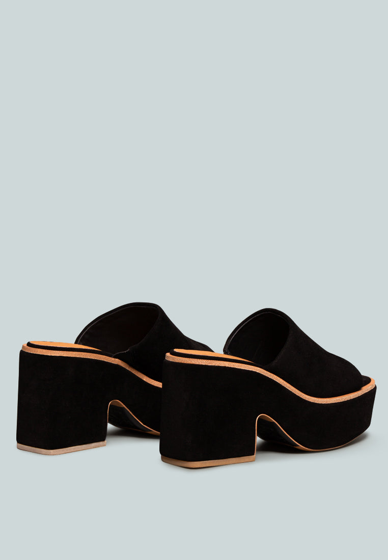 BARDOT Black Fine Suede Handcrafted Platform Slides_Black
