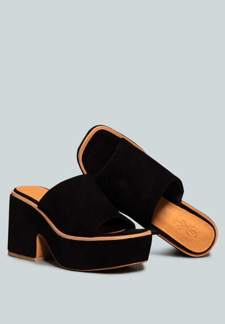 BARDOT Black Fine Suede Handcrafted Platform Slides_Black