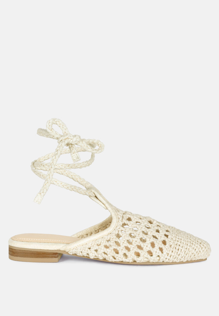 BARTSI Off White Handwoven Cotton Tie Up Mule Flats_Off White