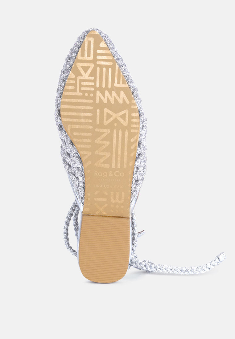 BARTSI Silver Handwoven Cotton Tie Up Mule Flats_Silver