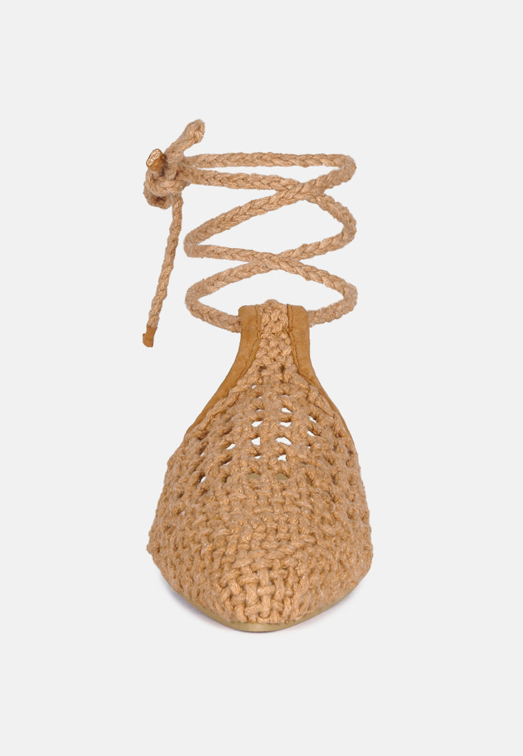 BARTSI Tan Handwoven Cotton Tie Up Mule Flats_Tan