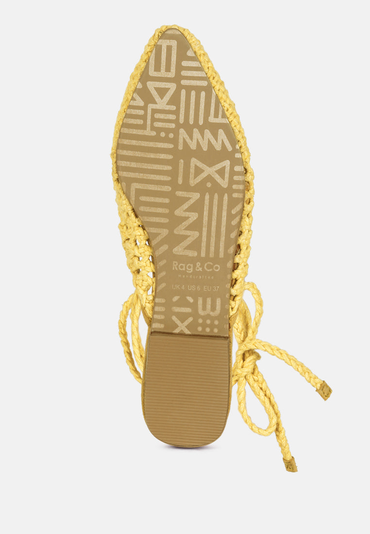 BARTSI Yellow Handwoven Cotton Tie Up Mule Flats_Yellow