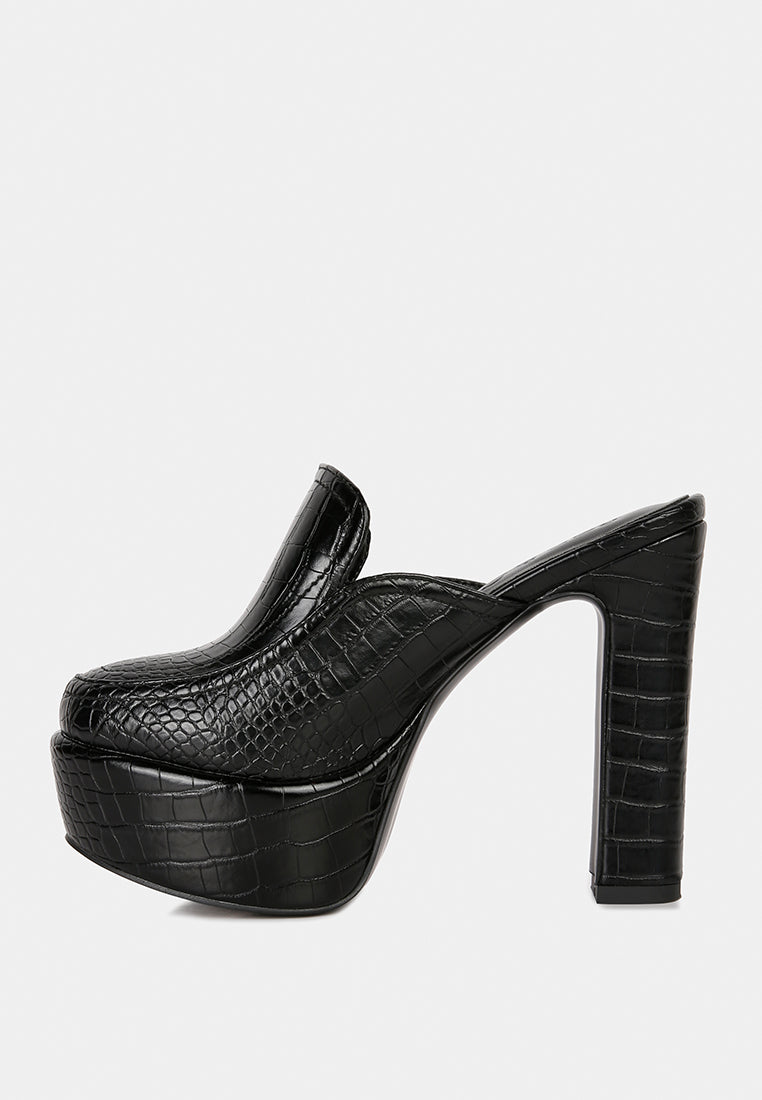 bauhaus black croc pattern heeled platform mules#color_black
