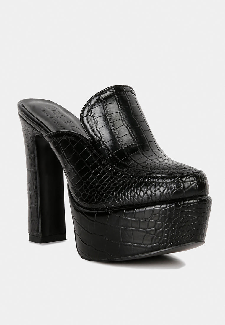 Buy Bauhaus Black Croc Pattern Heeled Platform Mules Mules Rag