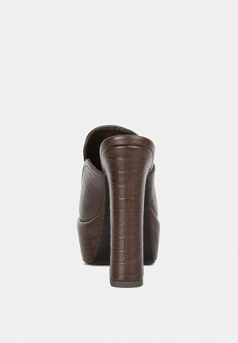 bauhaus brown croc pattern heeled platform mules#color_brown