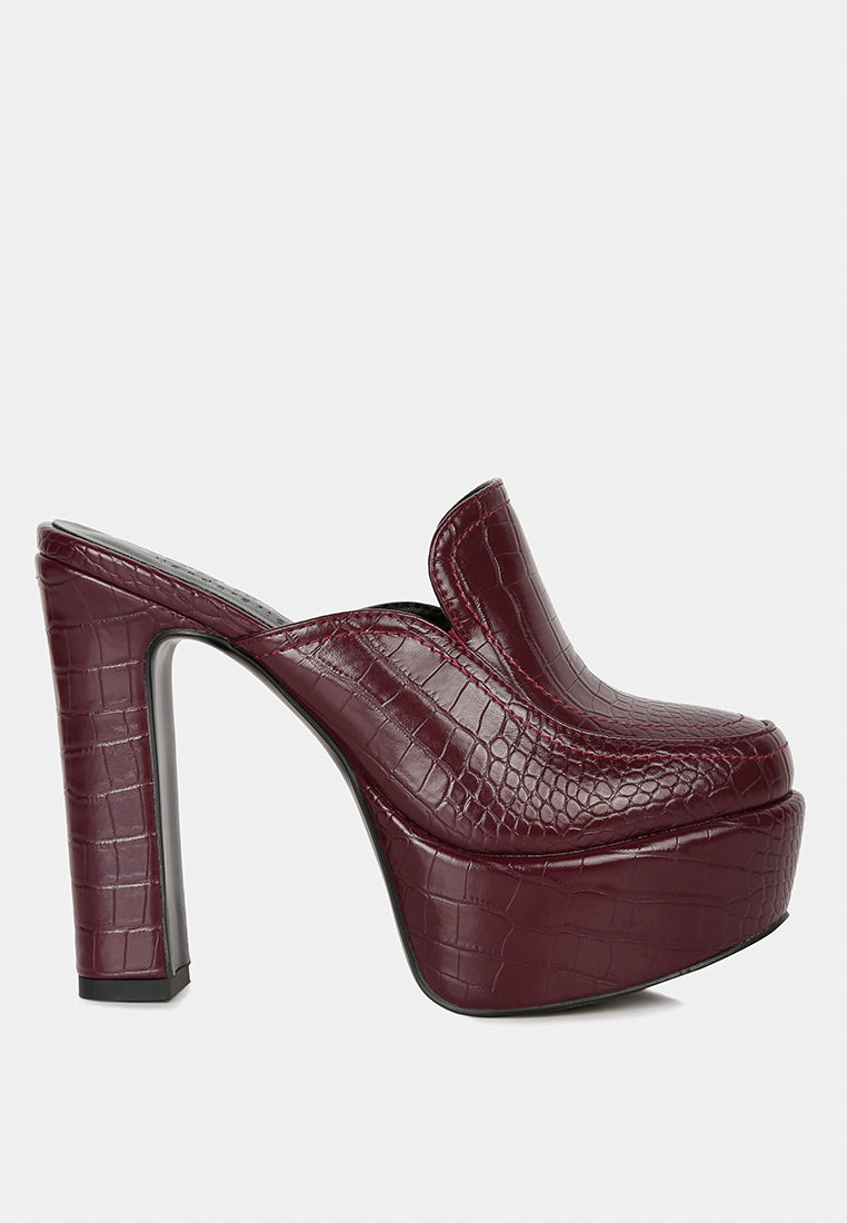 bauhaus burgundy croc pattern heeled platform mules#color_burgundy
