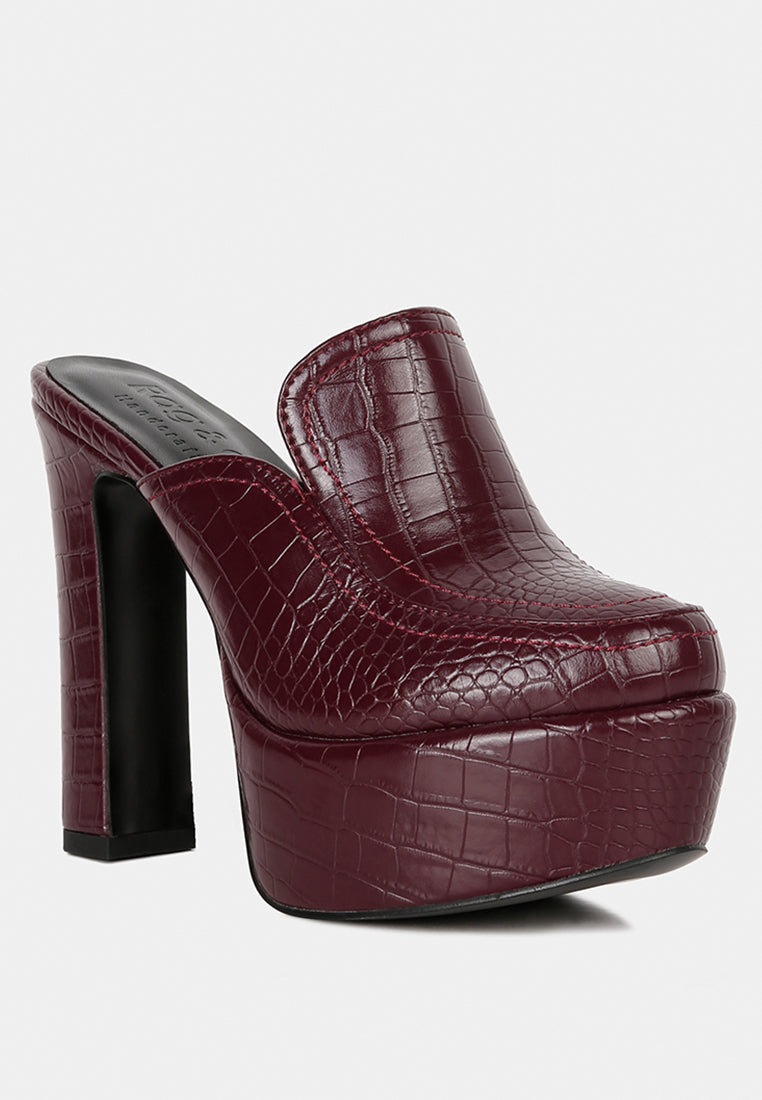 bauhaus burgundy croc pattern heeled platform mules#color_burgundy
