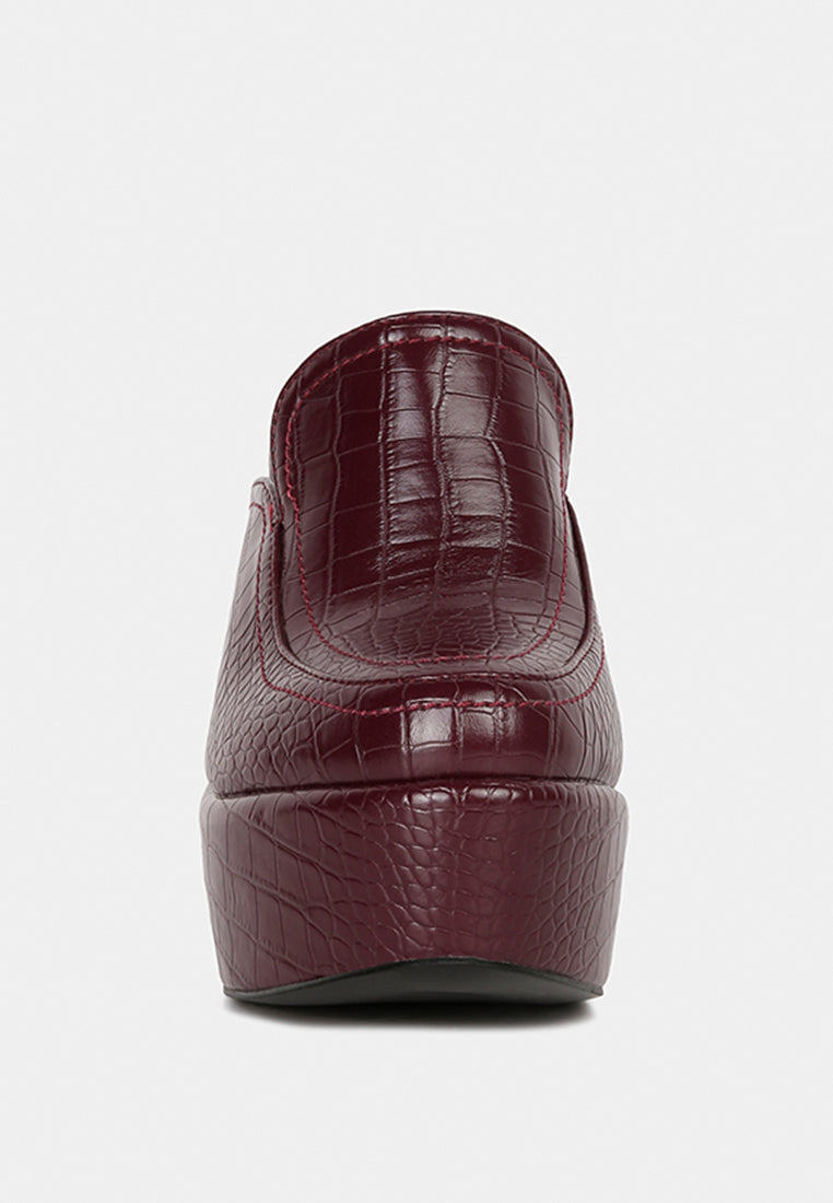 bauhaus burgundy croc pattern heeled platform mules#color_burgundy