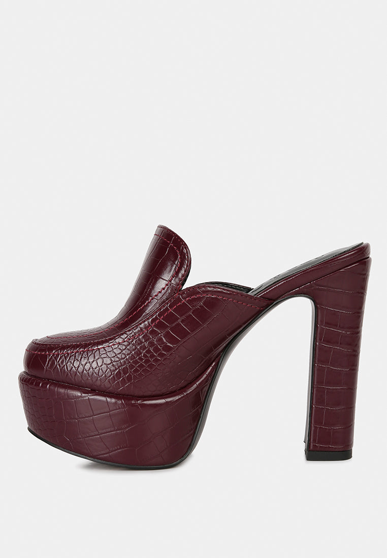 bauhaus burgundy croc pattern heeled platform mules#color_burgundy