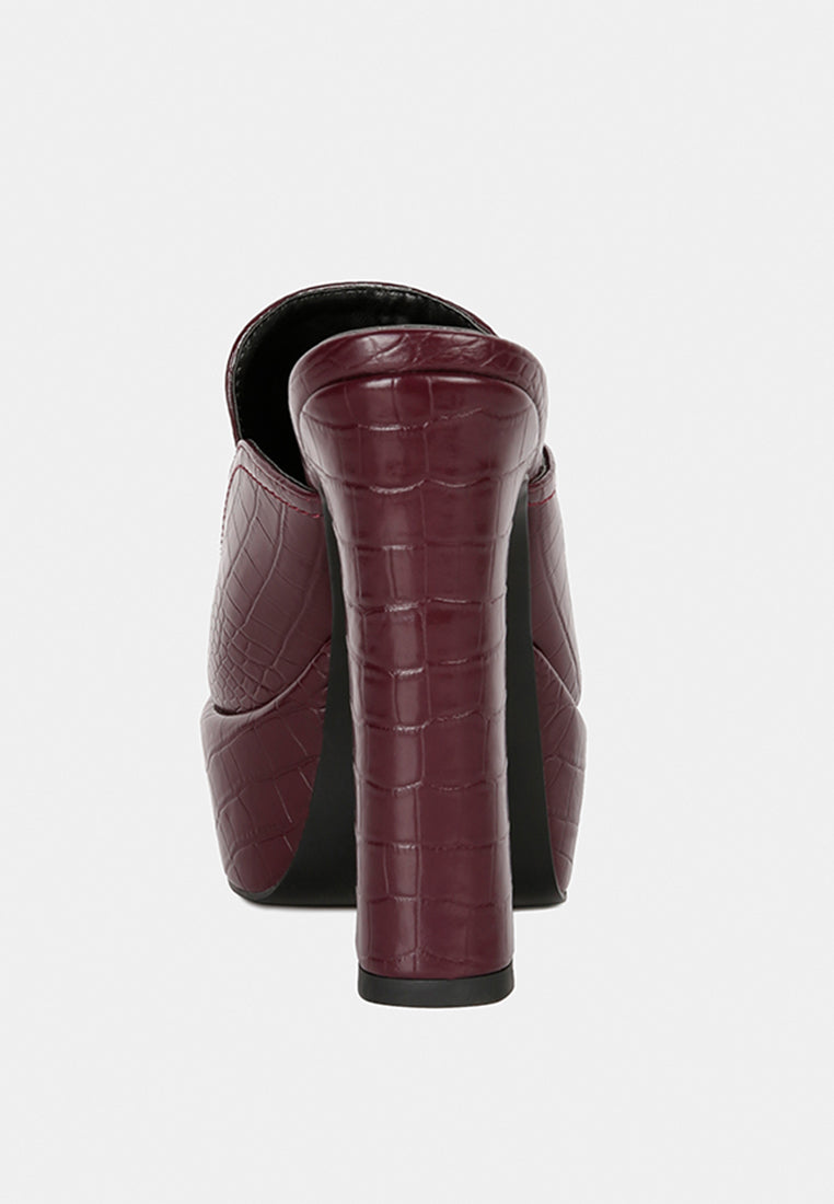 bauhaus burgundy croc pattern heeled platform mules#color_burgundy