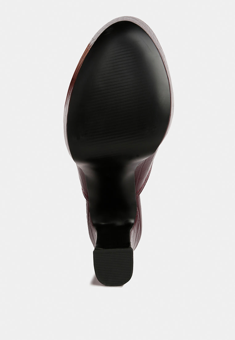 bauhaus burgundy croc pattern heeled platform mules#color_burgundy