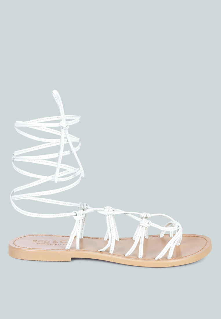 BAXEA Handcrafted White Tie Up String Flats_White