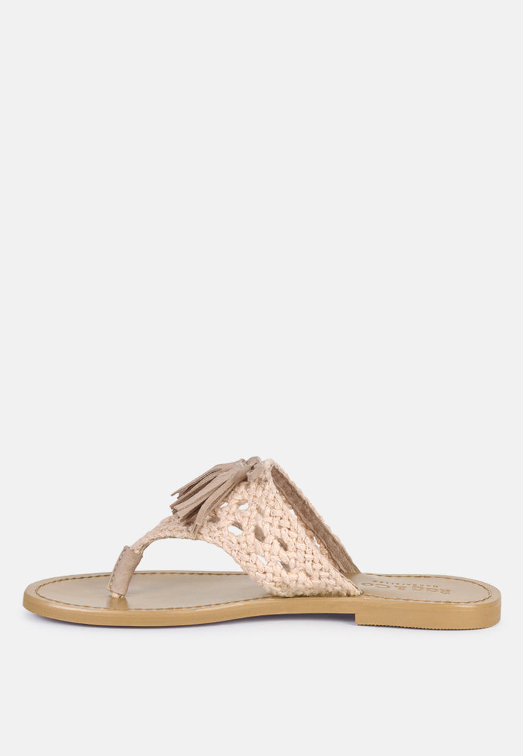 BEECH Handwoven Natural Latte Suede Tassel Thong Flats_Latte