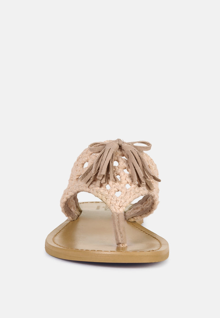 BEECH Handwoven Natural Latte Suede Tassel Thong Flats_Latte