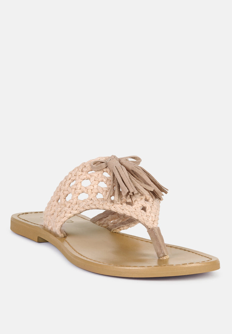 BEECH Handwoven Natural Latte Suede Tassel Thong Flats_Latte