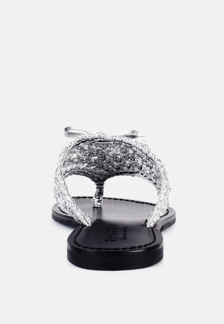 BEECH Handwoven Natural Silver Suede Tassel Thong Flats_Silver