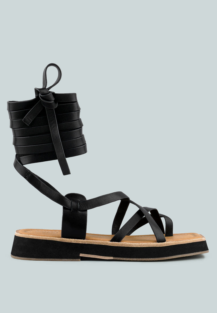 BLEDEL Black Lace Up Square Toe Gladiator Sandals_Black