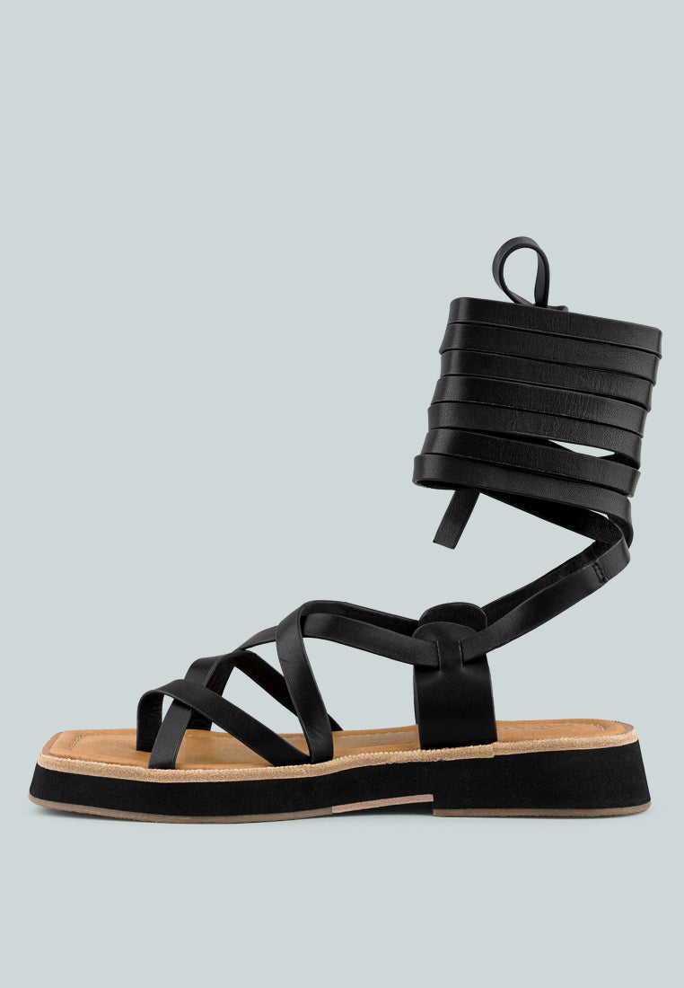 BLEDEL Black Lace Up Square Toe Gladiator Sandals_Black