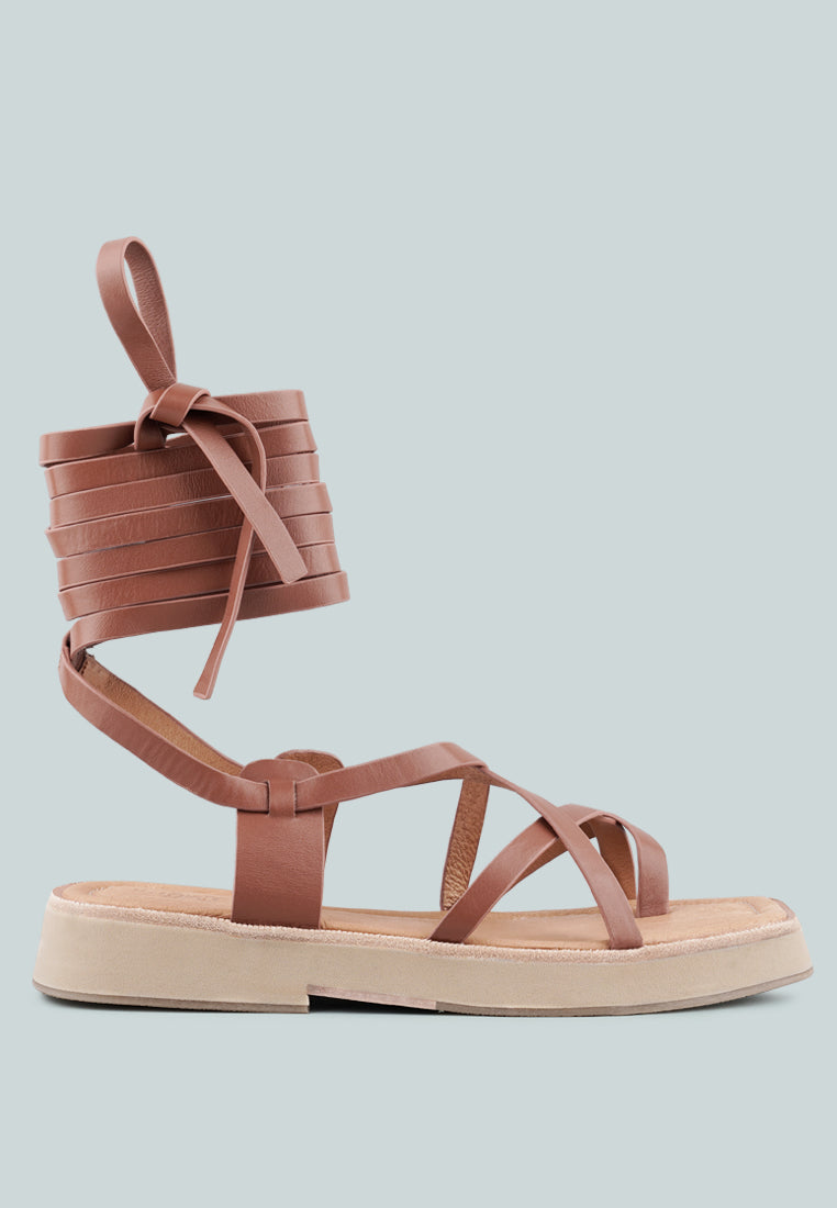 BLEDEL Tan Lace Up Square Toe Gladiator Sandals_Tan