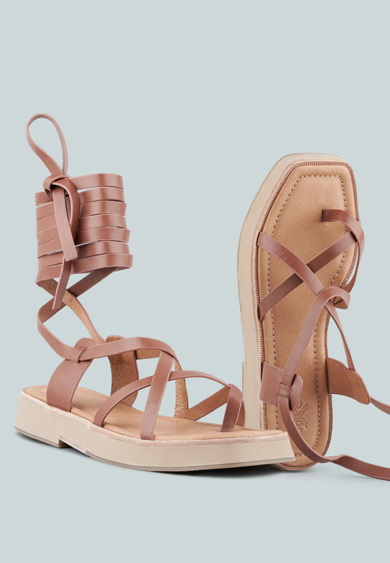 BLEDEL Tan Lace Up Square Toe Gladiator Sandals_Tan