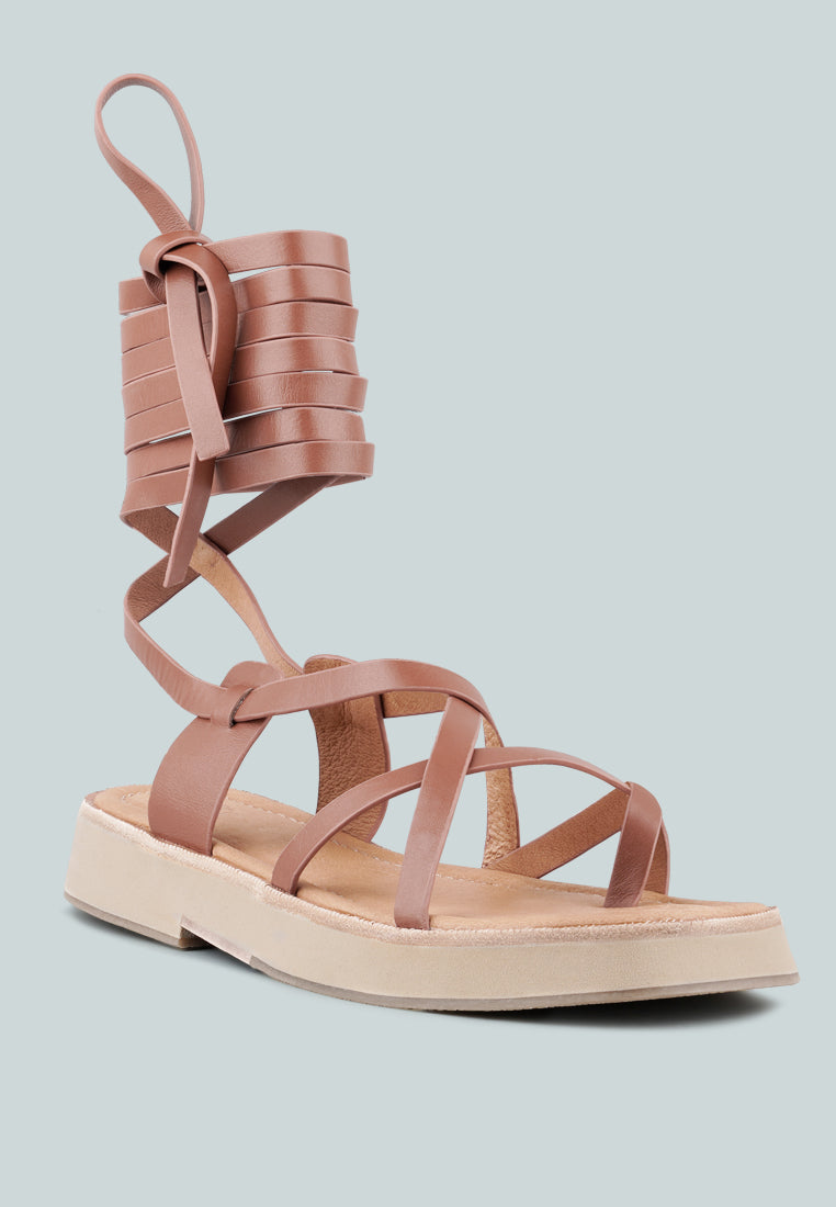 BLEDEL Tan Lace Up Square Toe Gladiator Sandals_Tan