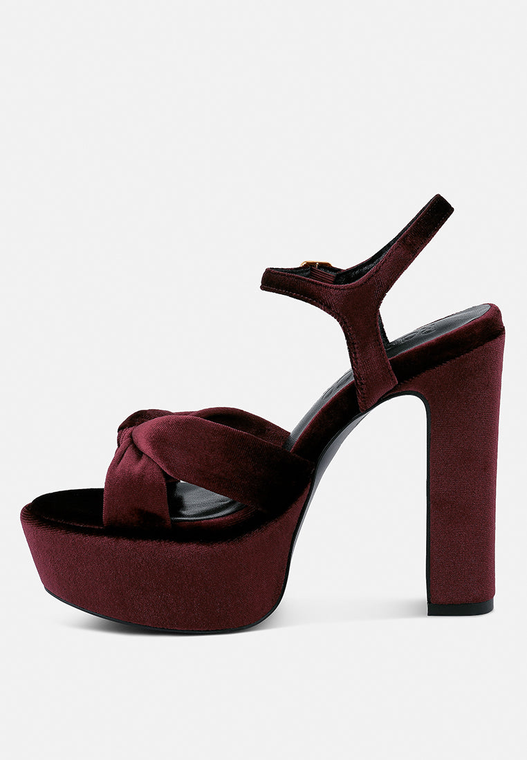 LIDDEL Burgundy Velvet High Block Heeled Sandals_Burgundy