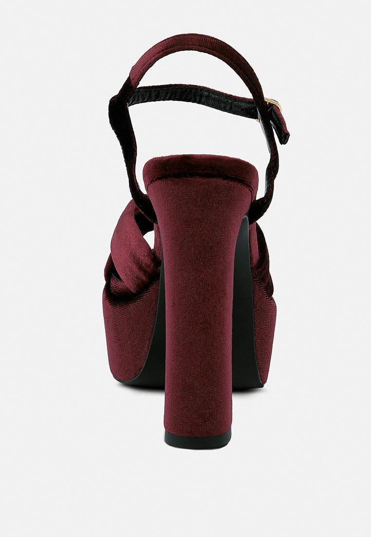 LIDDEL Burgundy Velvet High Block Heeled Sandals_Burgundy