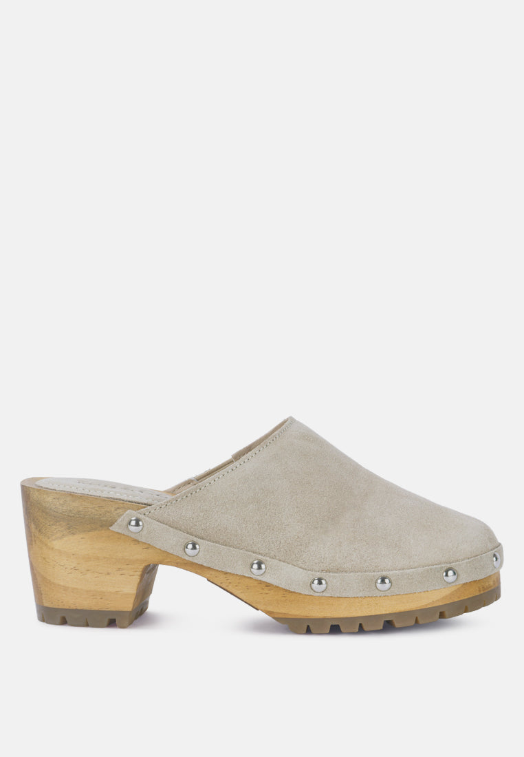 CEDRUS Fine Suede Studded Clog Mules in Beige-Beige