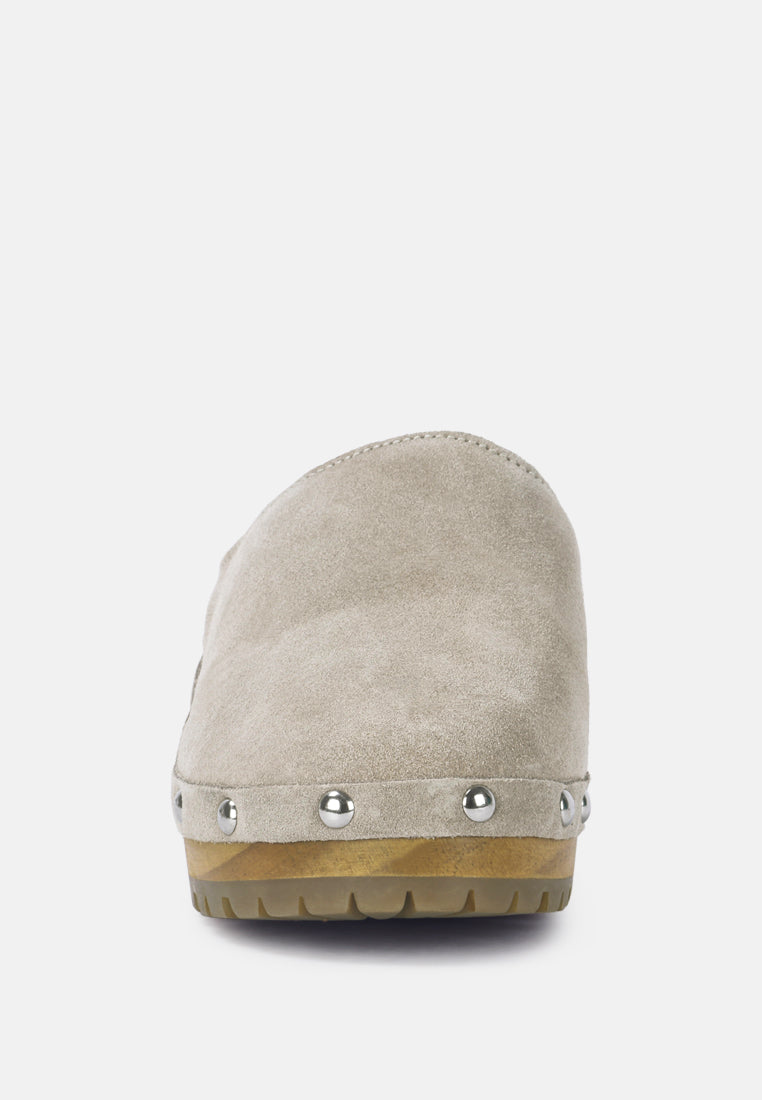 CEDRUS Fine Suede Studded Clog Mules in Beige-Beige