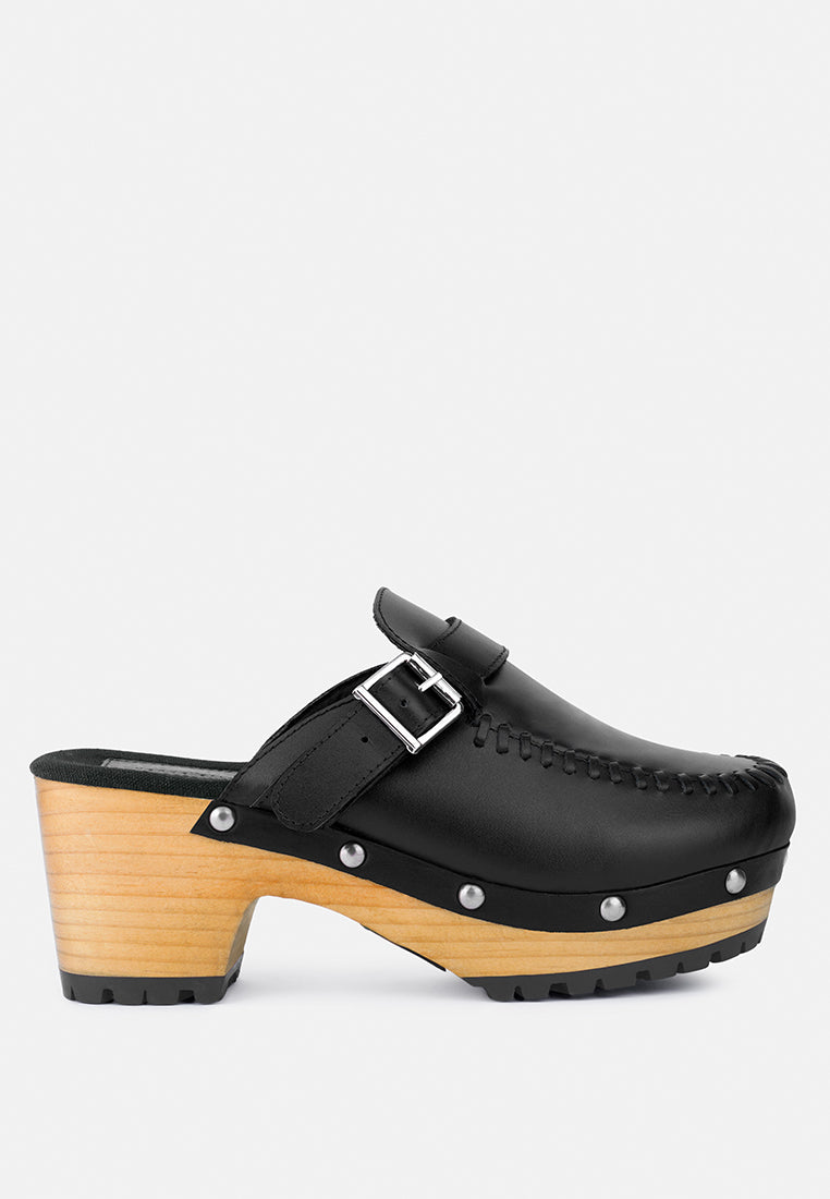 CHOCTAV Black Handcrafted Leather Clogs_Black