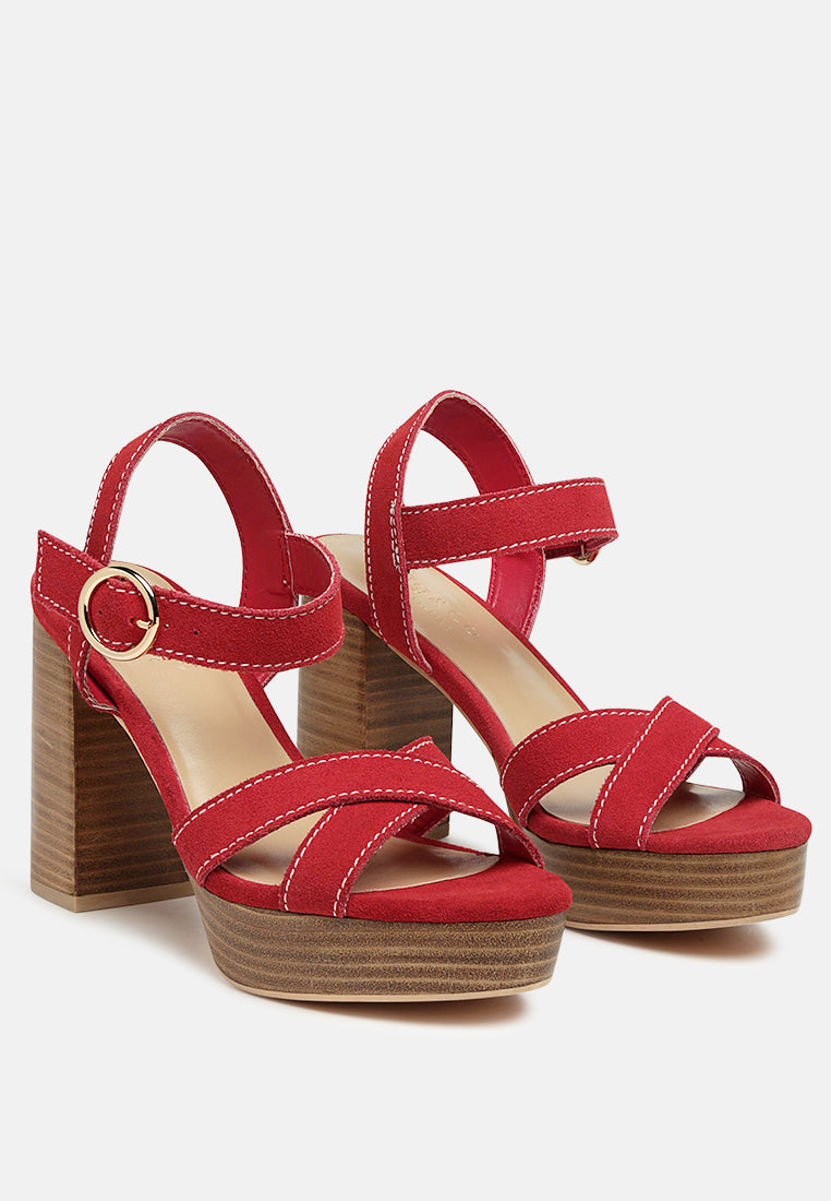 CHOUPETTE Suede Leather Block Heeled Sandal in Red-Red