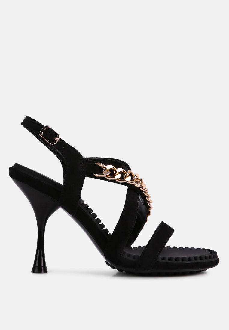 DOMEDA Black Metal Chain Mid Heel Sandal-Black