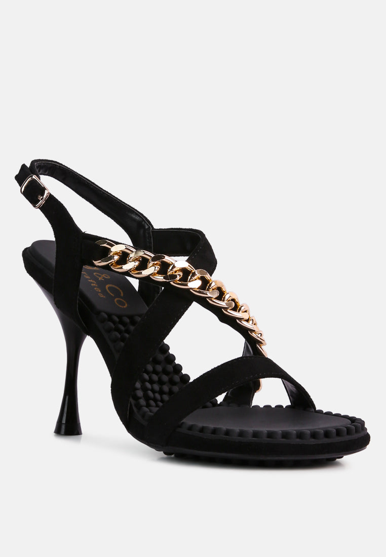 DOMEDA Black Metal Chain Mid Heel Sandal-Black