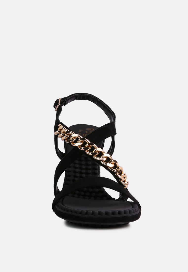 DOMEDA Black Metal Chain Mid Heel Sandal-Black