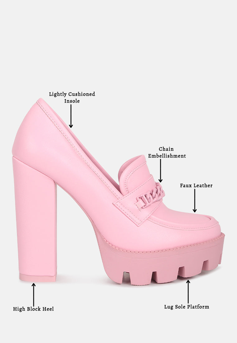 CORINNE Pink Chain Embellished Chunky Loafers#color_pink