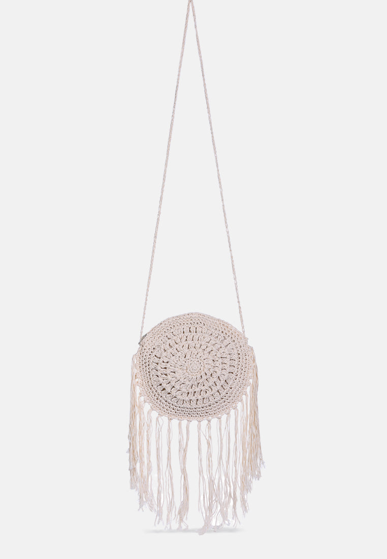 dream catcher handmade crochet boho round bag#color_white