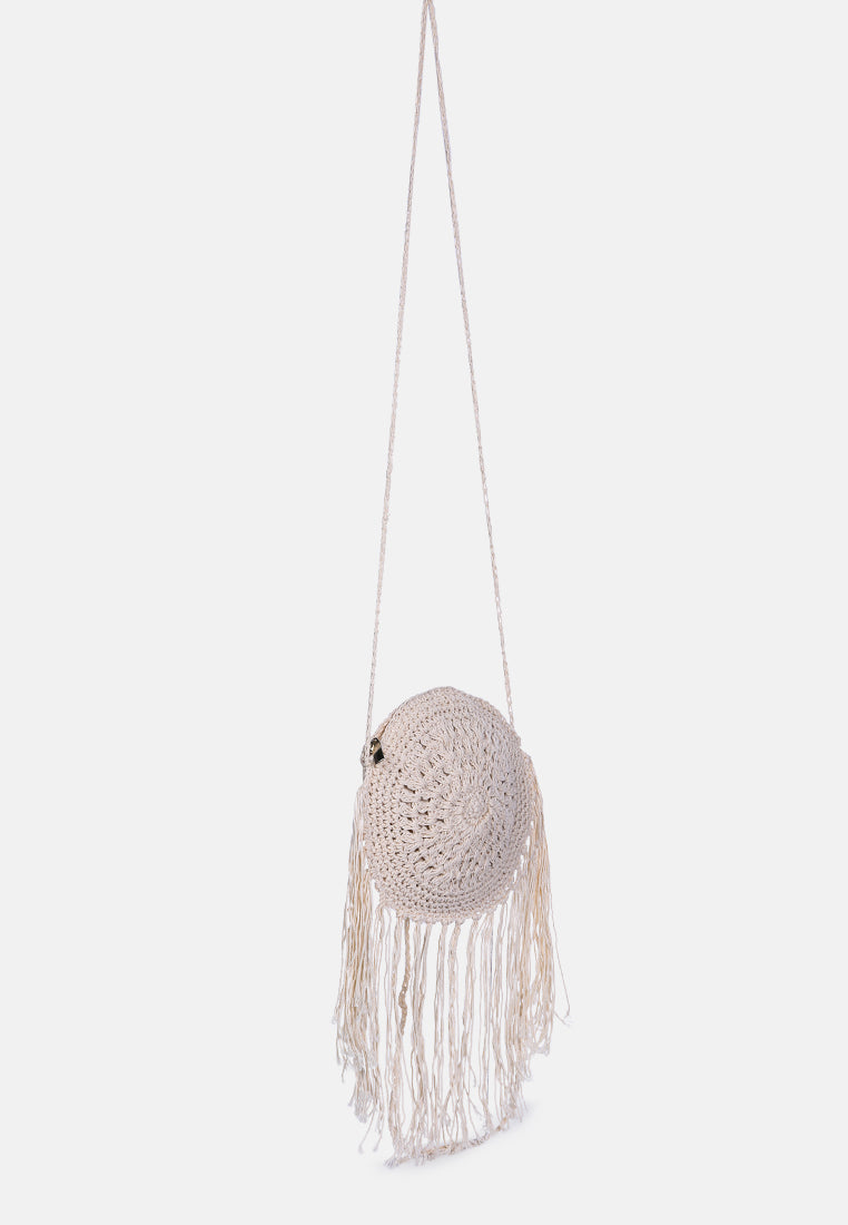 dream catcher handmade crochet boho round bag#color_white